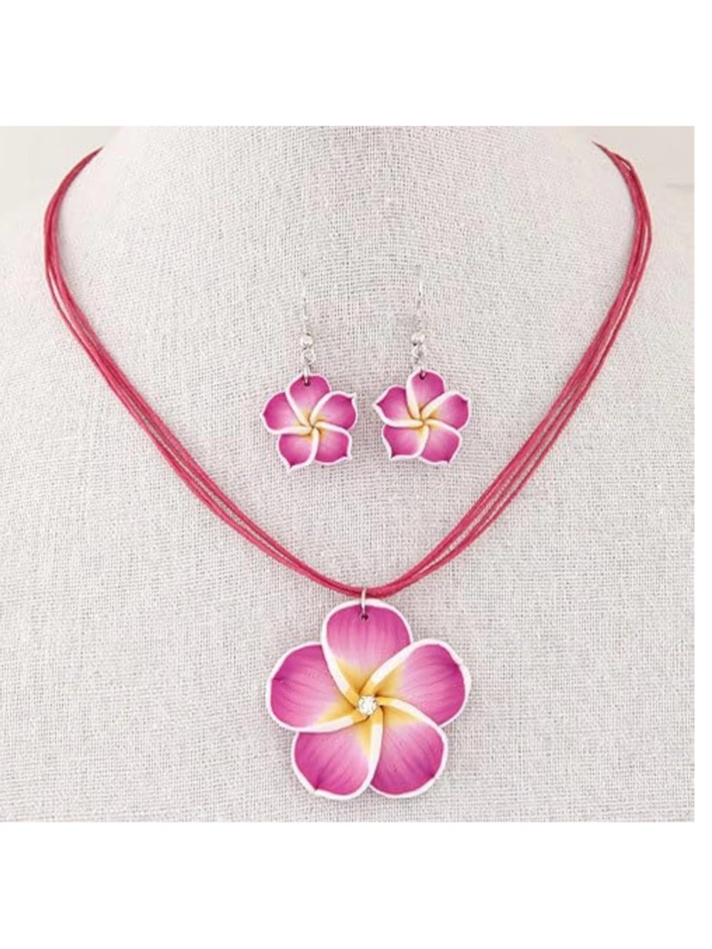 Pink Plumeria Flower Necklace & Earring Set - Unbranded